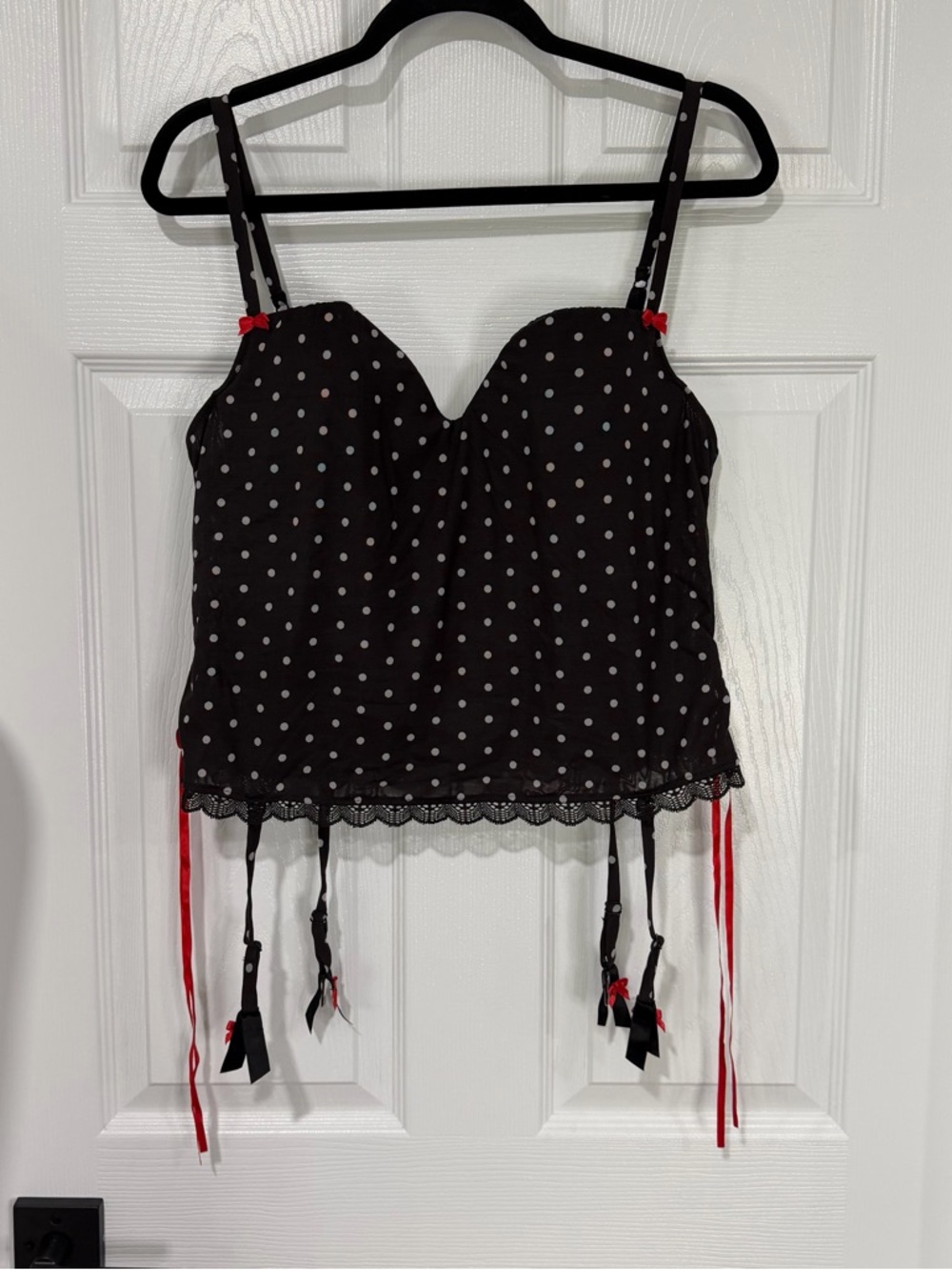 Victoria's Secret Black Polka Dot Lace-Trim Cami with Red Ribbon Details